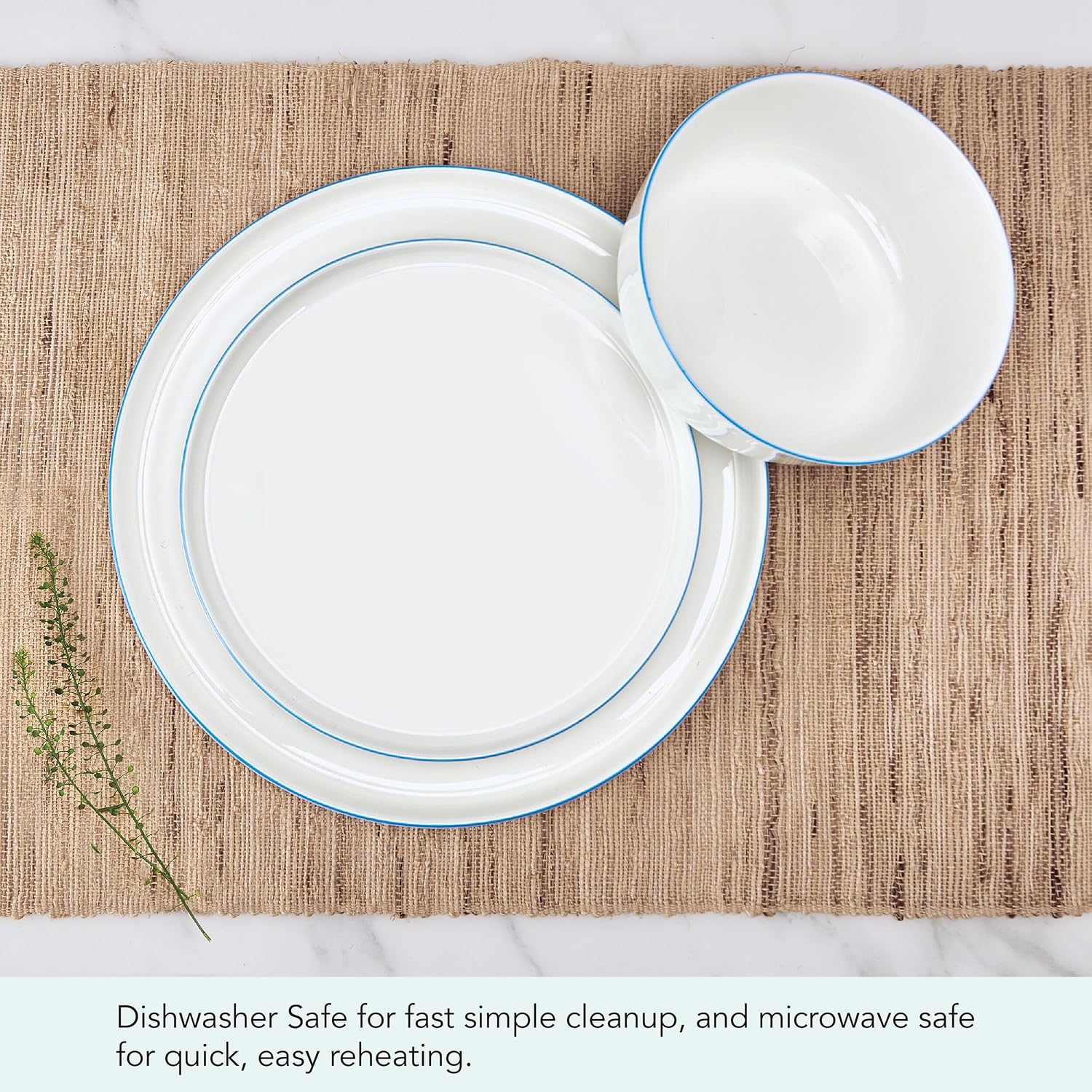 Mikasa Samantha 12 Piece Bone China Dinnerware Set, Service for 4, Flat Plates and Bowl with Blue Rim, Chip-Resistant, Lightweight, Elegant and Durable, White