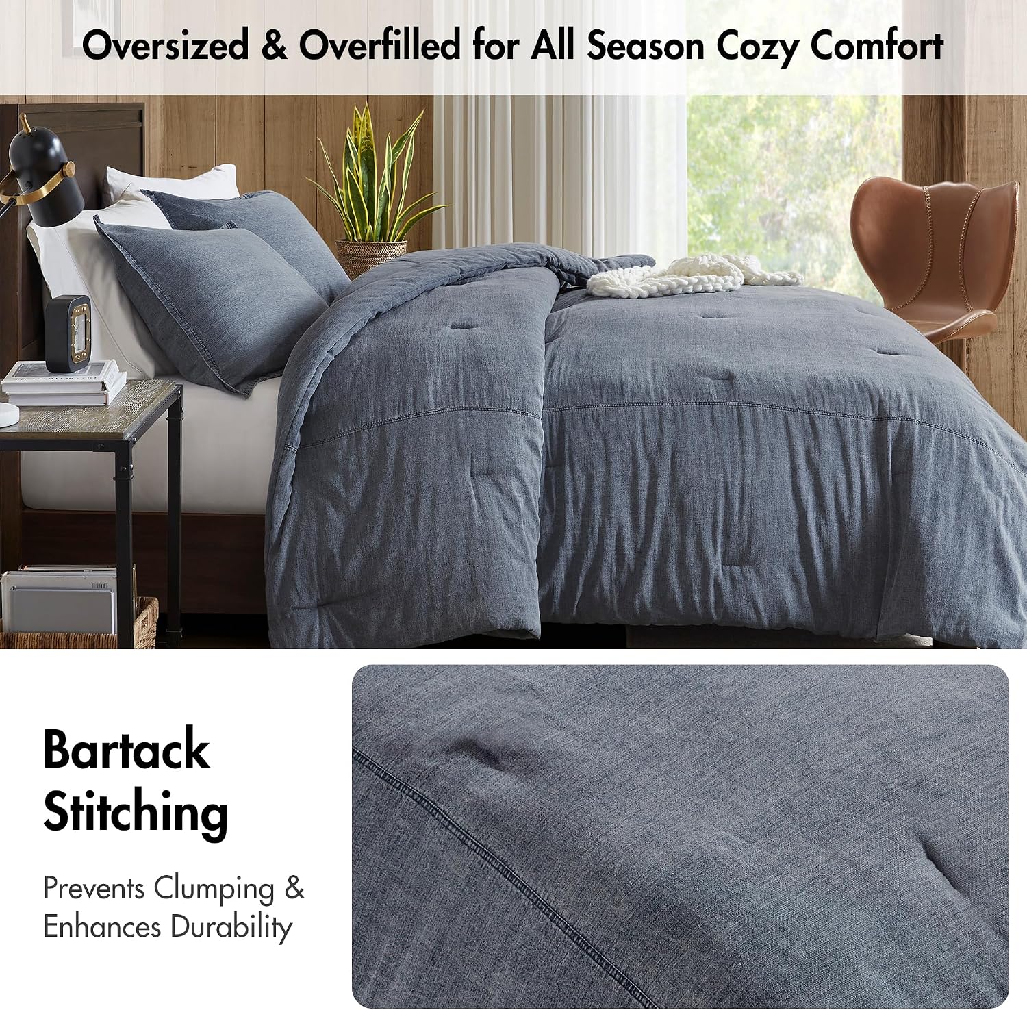 Woolrich Twin Comforter Set Cotton Stone Washed, Oversized Comforters Twin Size Bed, All Season Down Alternative Overfilled Twin Size Comforter, McKenzie, Twin/Twin XL Blue 2 Piece