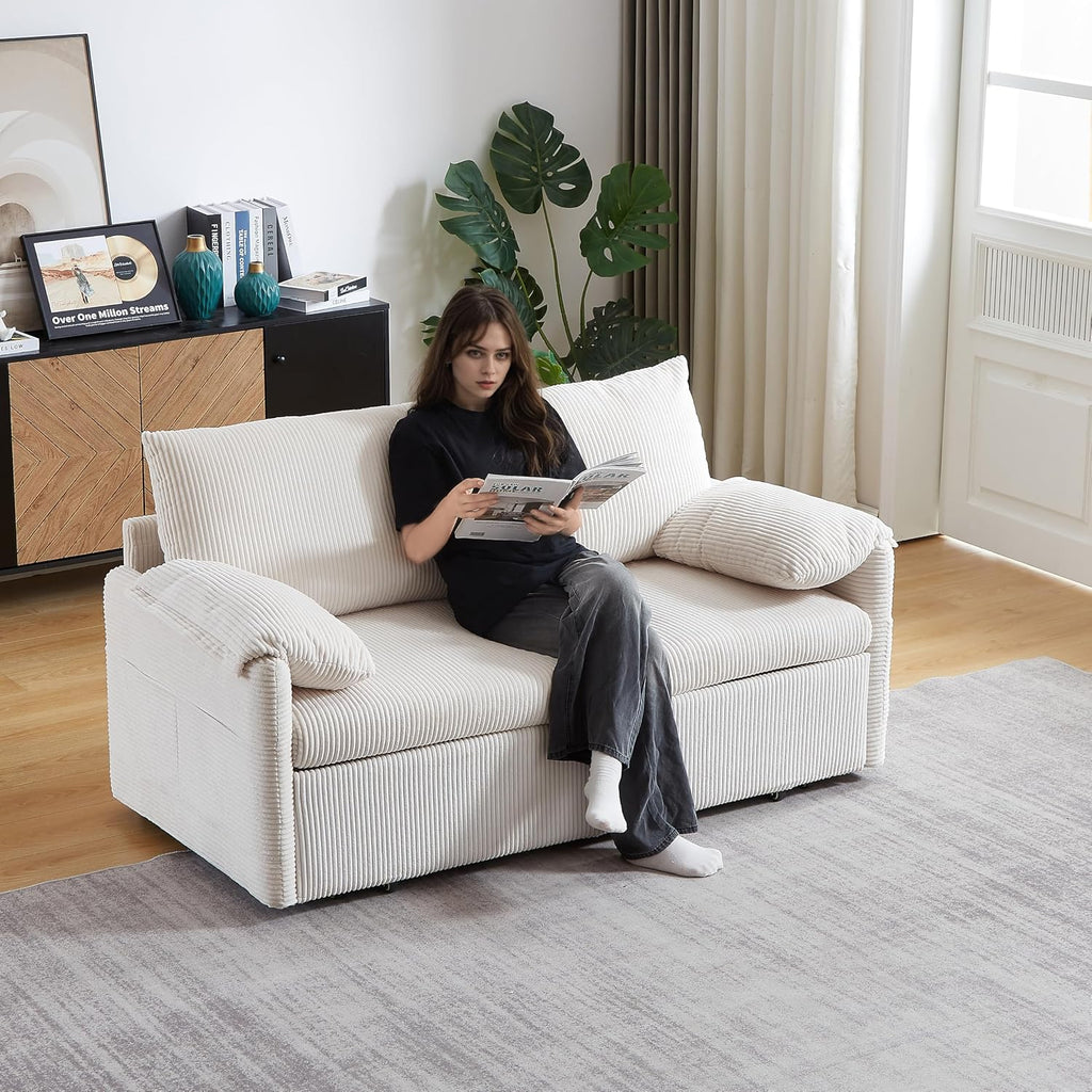 WILLIAMSPACE 64.5' Pull Out Sofa Bed, 3-in-1 Adjustable Sleeper Sofa Couch with Side Storage, Convertible Loveseat Sofa Bed Pull Out Couch for Living Room, Apartment, Corduroy, Beige