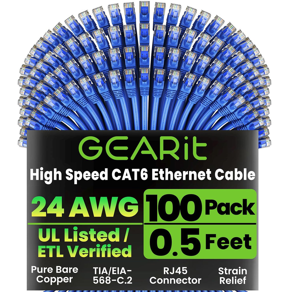 GEARit Cat 6 Ethernet Patch Cable 0.5 ft Blue (100 Pack) - Cat6 Patch Cables 0.5ft Blue/Ethernet Patch Cable, 10Gbps 550MHz 24AWG Pure Copper, Snagless, Gold Plated RJ45 for Router, Server, Router, PC