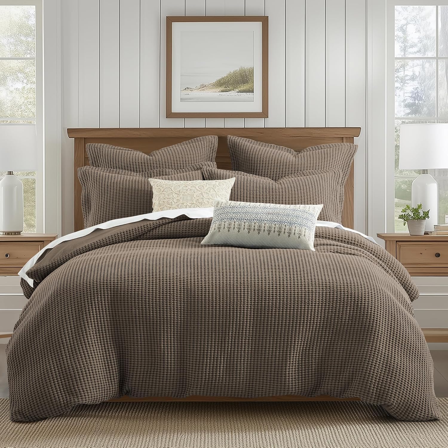 Levtex Home Mills Waffle King Duvet Cover Set (106x94in) with 2 Pillow Shams (36x20in) - Latte - Cotton King Size Duvet Cover Set - Soft, Pre-Washed