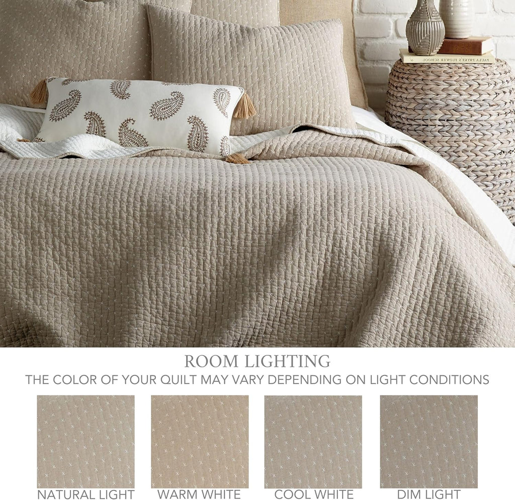 Levtex Home Cross Stitch Reversible Twin Bedspread Set (84x104in) with 1 Pillow Sham (26x20in) - Stitch Texture - Taupe - Cotton Twin Size Bedspread Set - Lightweight, Soft, Pre-Washed