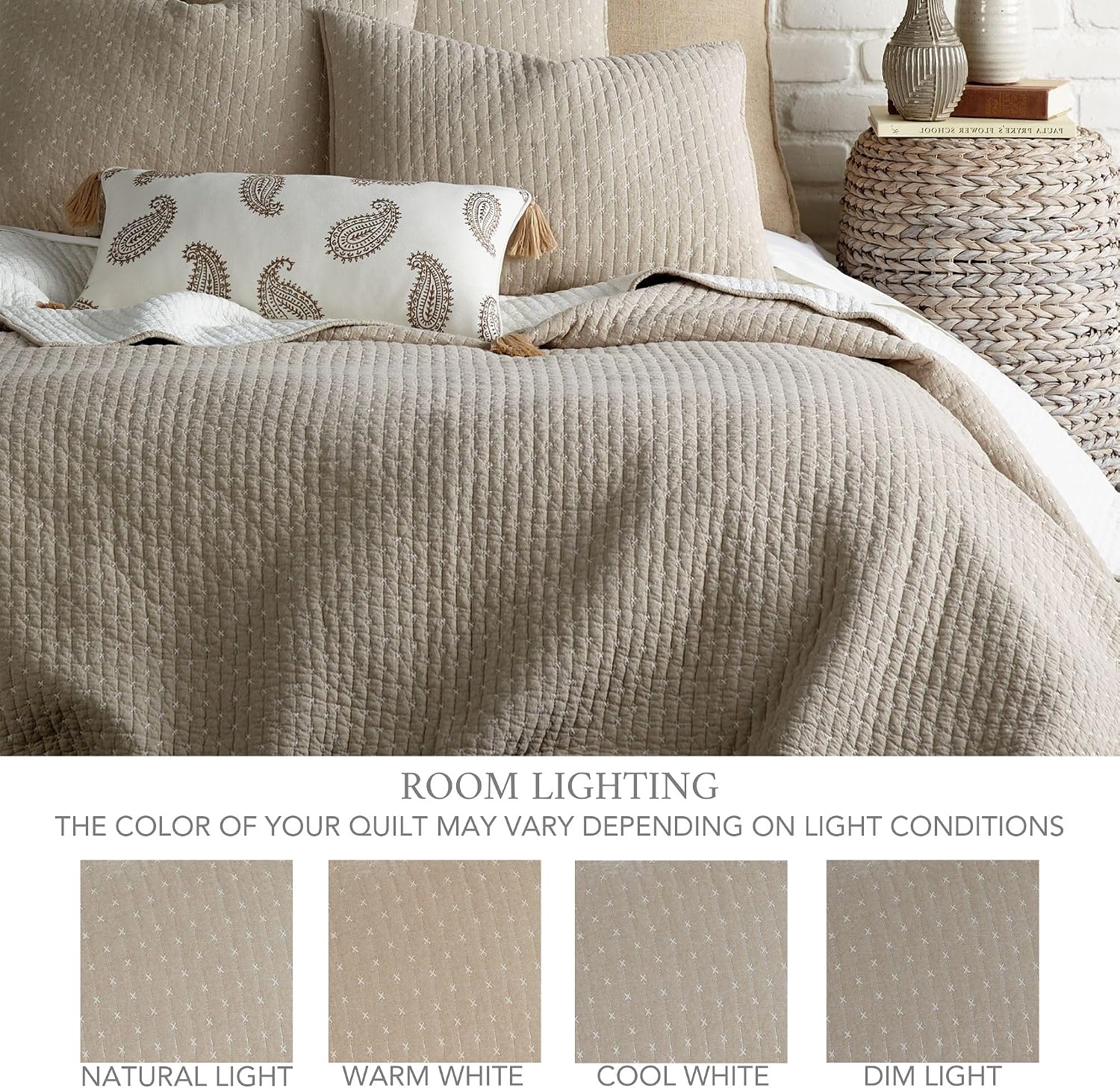 Levtex Home Cross Stitch Reversible Twin XL/Twin Quilt Set (68x86in) with 1 Pillow Sham (26x20in) - Stitch Texture - Taupe - Cotton Twin/Twin Size Quilt Bedding Set - Lightweight, Soft, Pre-Washed