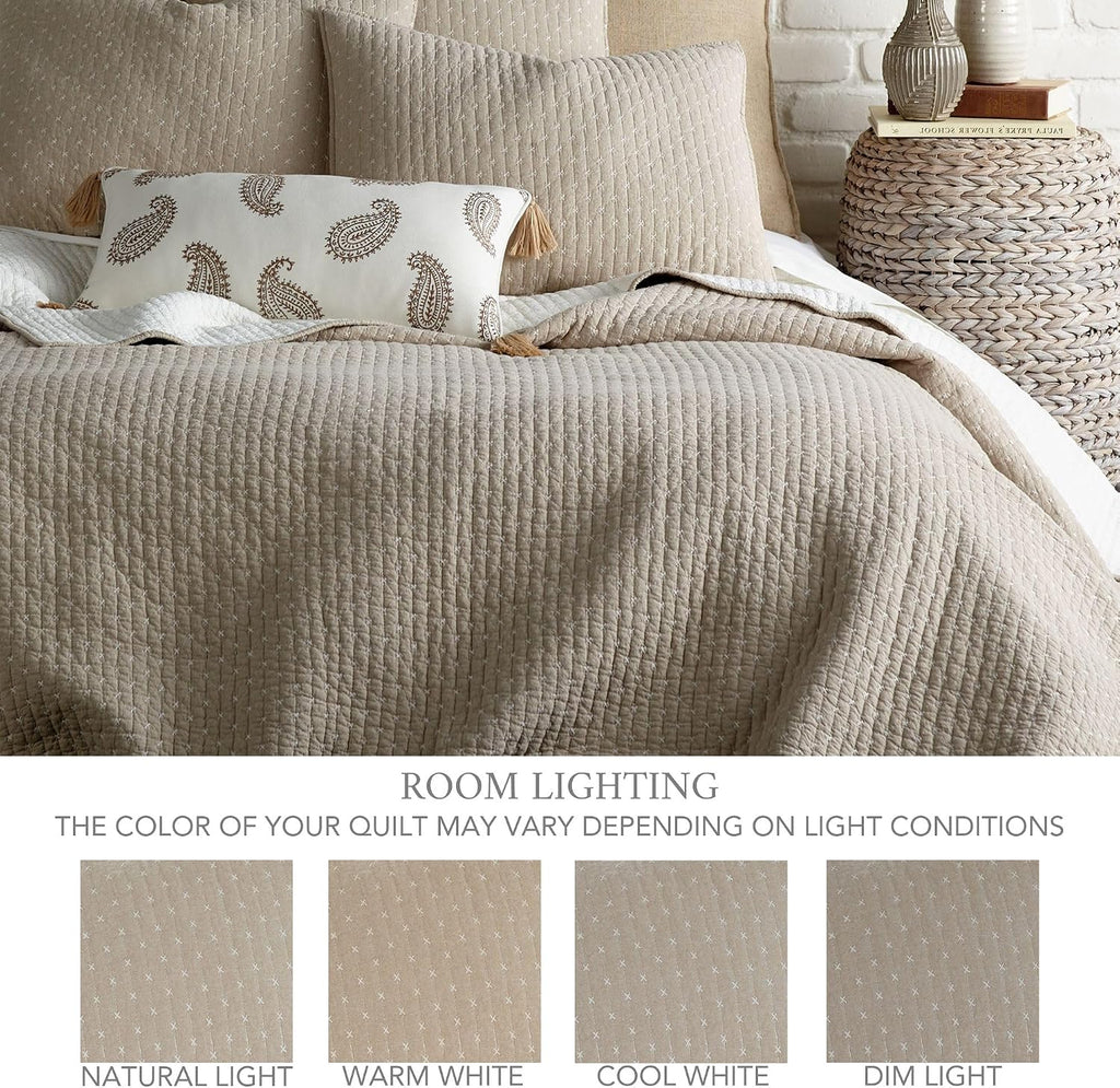 Levtex Home Cross Stitch Reversible King Bedspread Set (120x104in) with 2 Pillow Shams (36x20in) - Stitch Texture - Taupe - Cotton King Size Bedspread Set - Soft, Pre-Washed