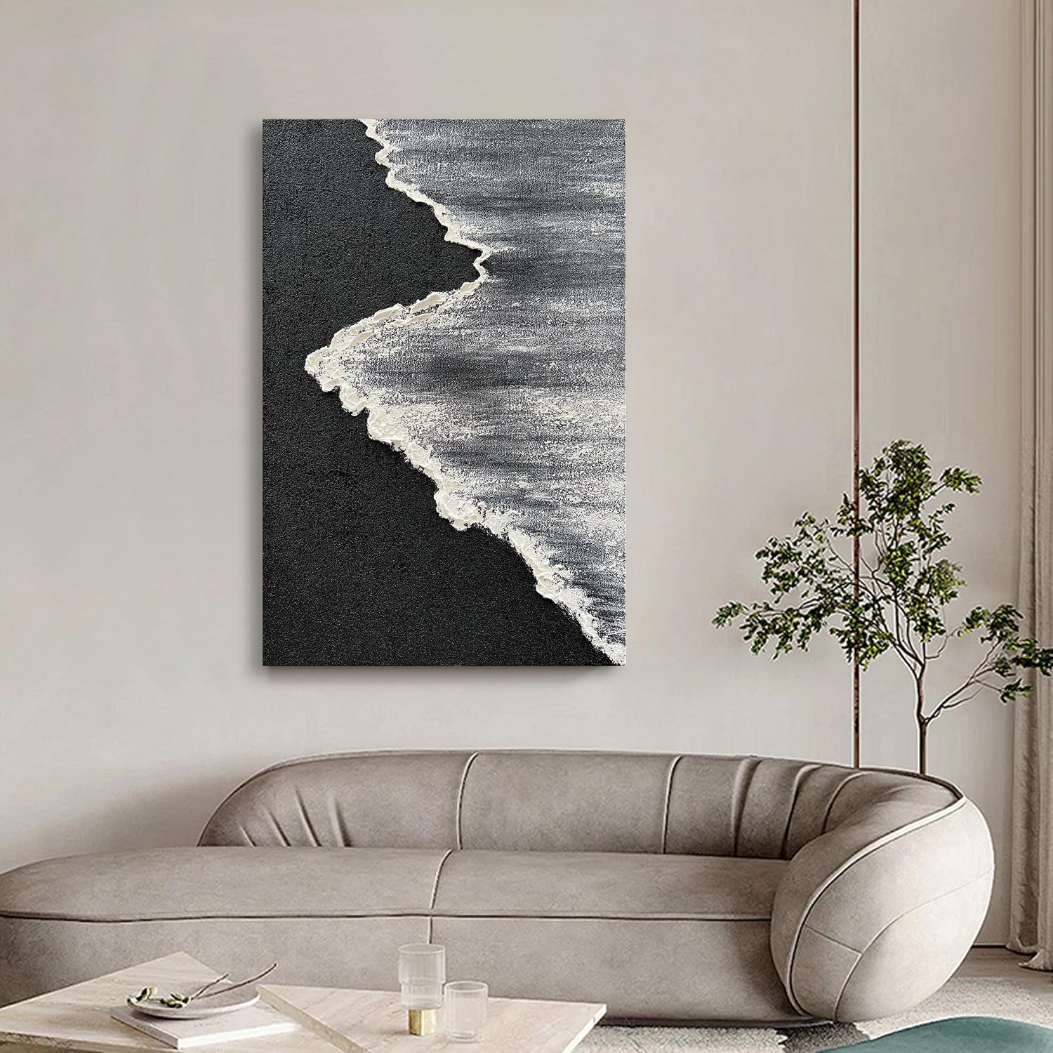 NANKAI Art Hand-Painted 3D Ocean Landscape Oil Painting Black and White Abstract Canvas Art Mural Family Wall Decoration Art 45x30 inches