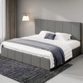 Allewie King Size Dutch Velvet Upholstered Platform Bed Frame/Vertical Channel Tufted Adjustable Headboard/Low Profile Bed Frame/No Box Spring Needed/Easy Assembly/Grey