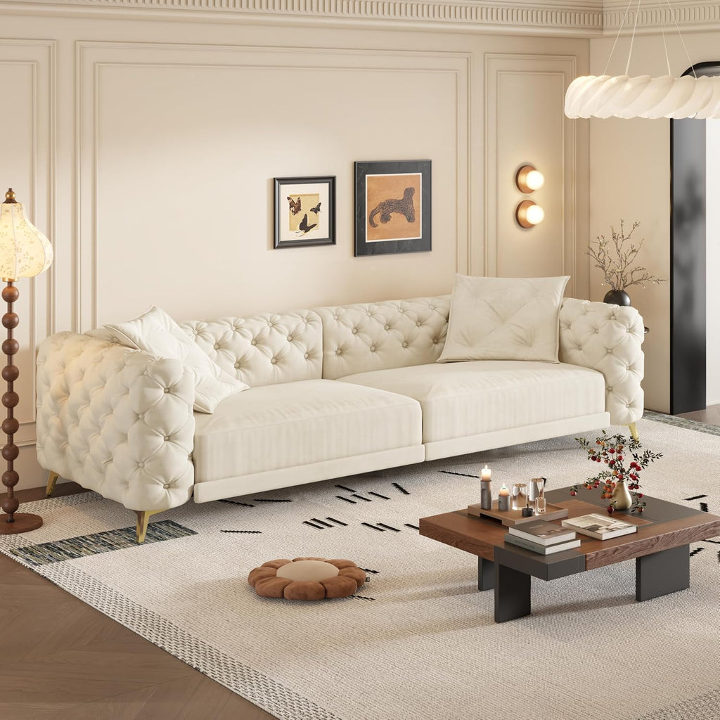 WILLIAMSPACE 97.7' 3-in-1 Convertible Sleeper Sofa Bed, Modern Button Tufted 28.4' Deep Seat Pull Out Couch Bed with Movable Ottoman, Multi-Functional 4-Seater Couch for Living Room, Velvet - Beige