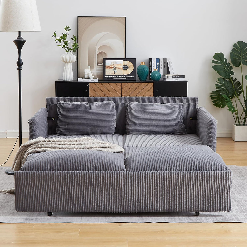 WILLIAMSPACE 64.5' Pull Out Sofa Bed, 3-in-1 Adjustable Sleeper Sofa Couch with Side Storage, Convertible Loveseat Sofa Bed Pull Out Couch for Living Room, Apartment, Corduroy, Gray