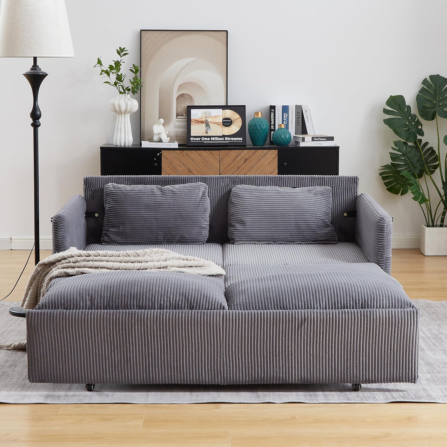 WILLIAMSPACE 64.5' Pull Out Sofa Bed, 3-in-1 Adjustable Sleeper Sofa Couch with Side Storage, Convertible Loveseat Sofa Bed Pull Out Couch for Living Room, Apartment, Corduroy, Gray