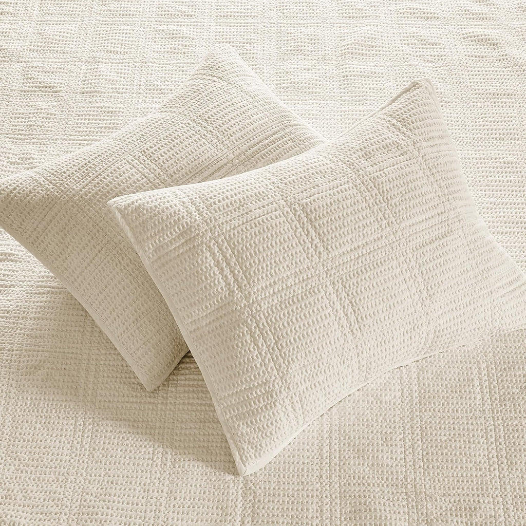 Levtex Home Cloud Waffle Full/Queen Quilt Set (88x92in) and 2 Pillow Shams (26x20) - Box Quilted Waffle Texture - Undyed Cream - Cotton Full/Queen Size Quilt Bedding Set - Lightweight Soft Pre-Washed