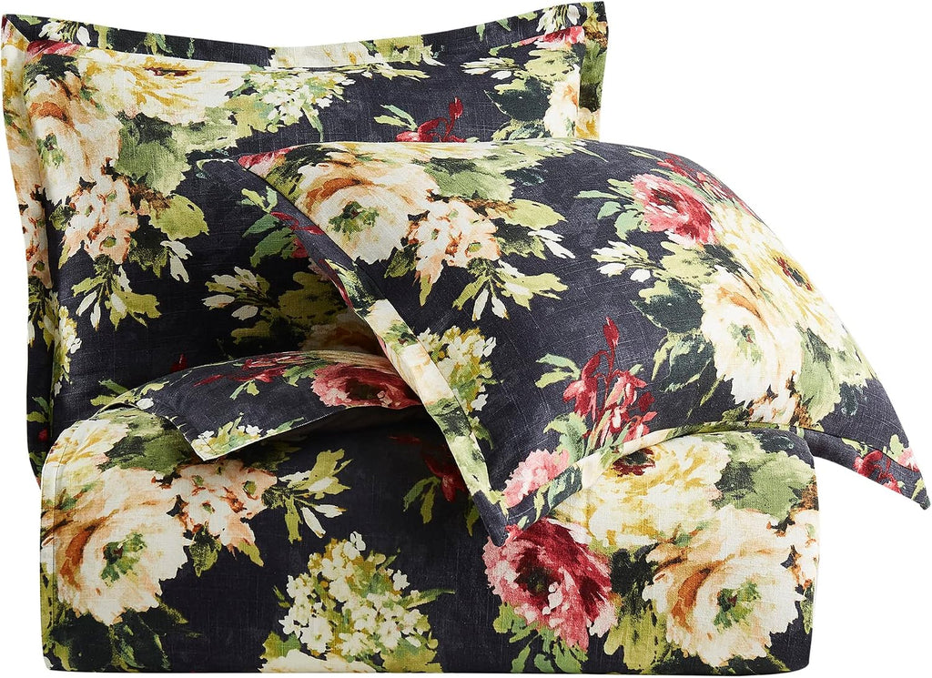 HiEnd Accents Floral Bedding Peony Washed Linen 3 Piece Queen Size Comforter Set, Charcoal Gray Flower Botanical Rose Print, Romantic Classic Chic Casual Bed Set, Floral Comforter with Pillow Shams