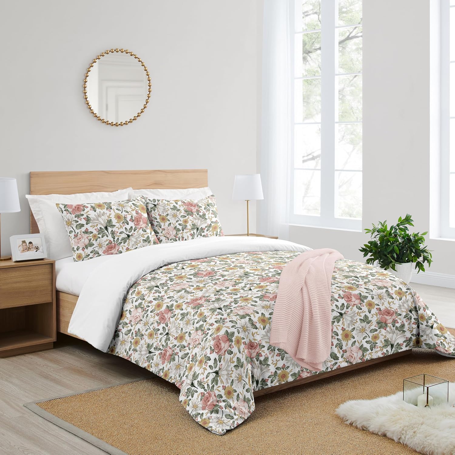 Sweet Jojo Designs Vintage Floral Boho Girl Full/Queen Size Kid Childrens Bedding Comforter Set - 3 Pieces - Blush Pink, Yellow, Green and White Shabby Chic Rose Flower Farmhouse