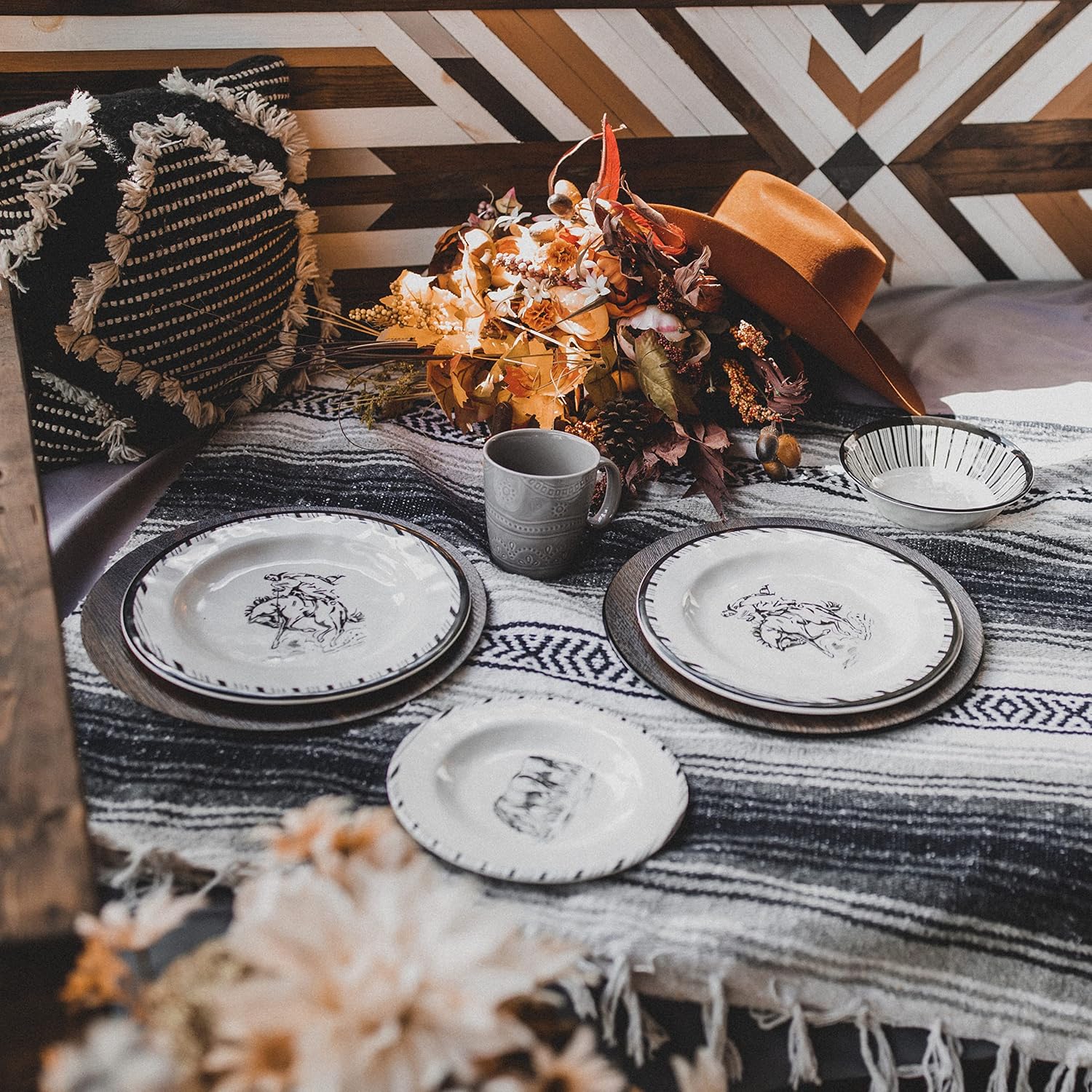 Paseo Road Ranch Life 14 Piece Melamine Plastic Dinnerware Set with Plates, Bowls and Serving Platter, Black and White, Southwestern Rustic Cabin Lodge Farmhouse Style