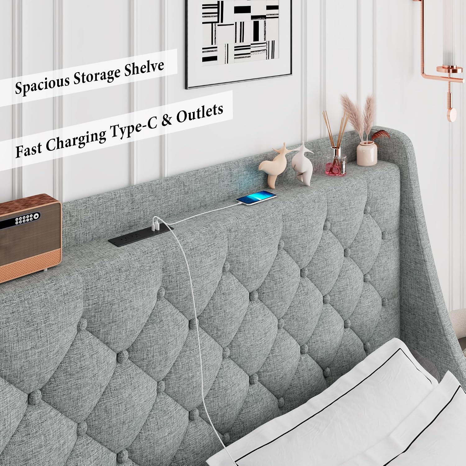 iPormis Full Size Bed Frame with 4 Storage Drawers, Upholstered Platform Bed Frame with Type-C & USB Ports, Wingback Storage Headboard, Solid Wood Slats, No Box Spring Needed, Light Gray