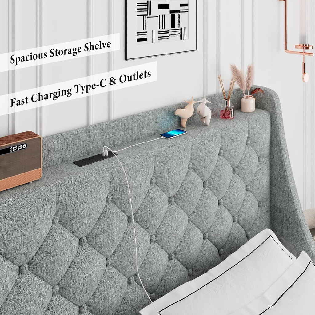 iPormis King Size Bed Frame with 4 Storage Drawers, Upholstered Platform Bed Frame with Type-C & USB Ports, Wingback Storage Headboard, Solid Wood Slats, No Box Spring Needed, Light Gray