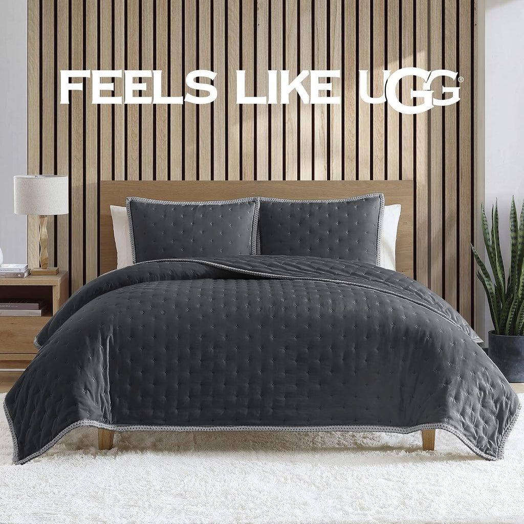 UGG Braid King Size Quilt Set – 3 Piece King Quilt Bedding Set with 2 Shams, Soft Lightweight Bedspread Coverlet for Home & Bedroom, Black Ink (Devon)