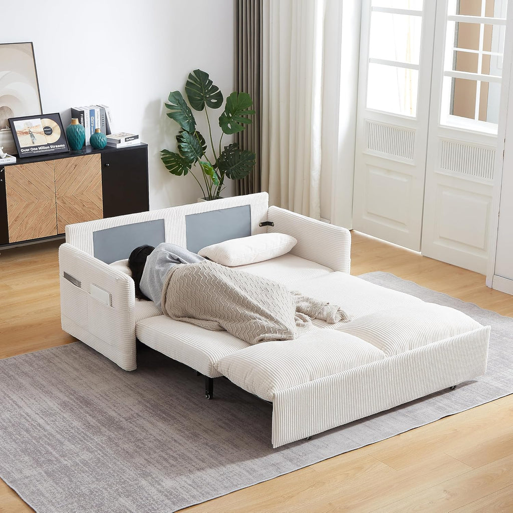 WILLIAMSPACE 64.5' Pull Out Sofa Bed, 3-in-1 Adjustable Sleeper Sofa Couch with Side Storage, Convertible Loveseat Sofa Bed Pull Out Couch for Living Room, Apartment, Corduroy, Beige