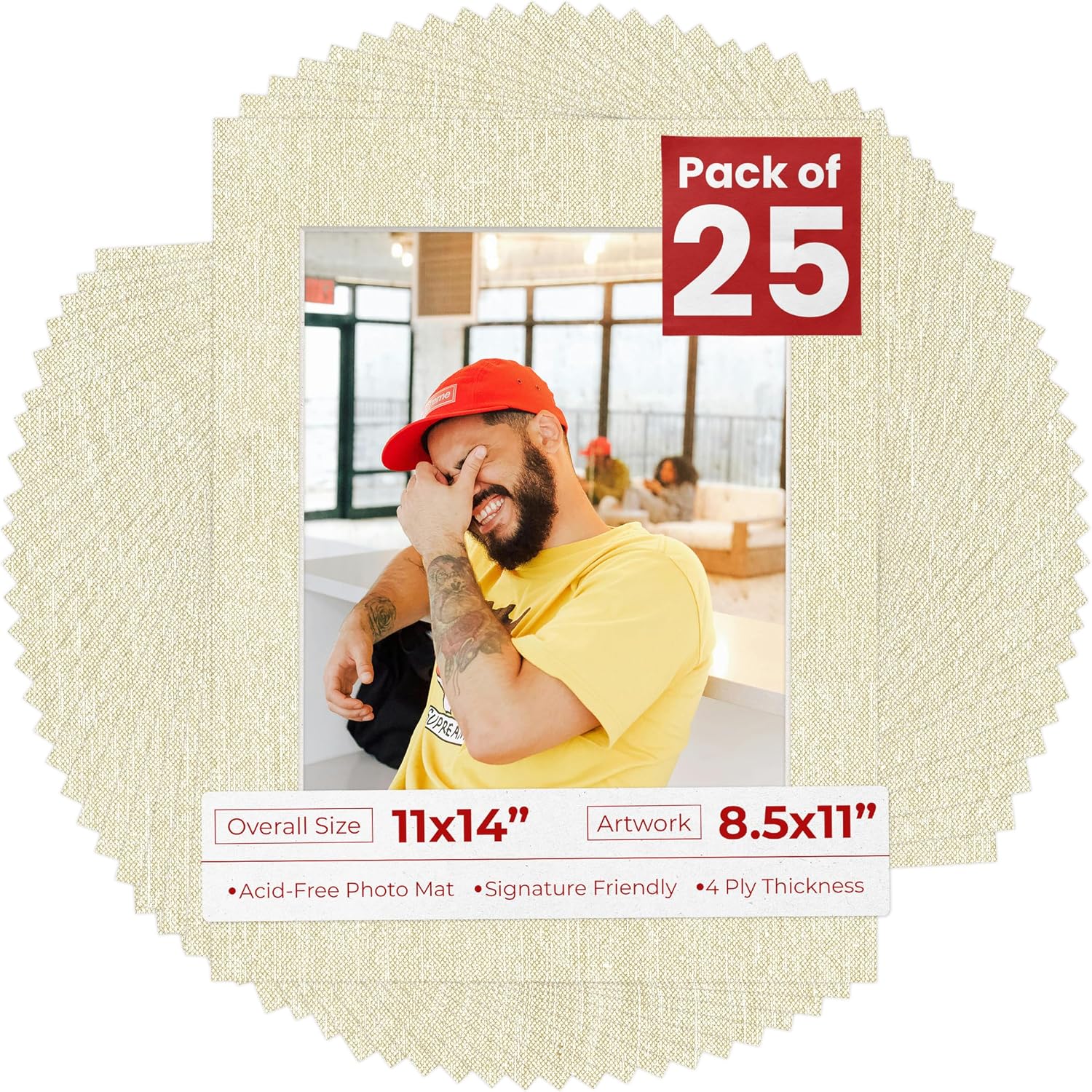 Pack of 25 Acid Free 11x14 Mats Bevel Cut for 8.5x11 Photos - Fresh Linen Canvas Precut Matboards With Backing Boards and Clear Photo Mat Bags For Pictures, Photos, Framing - 4-ply Thickness
