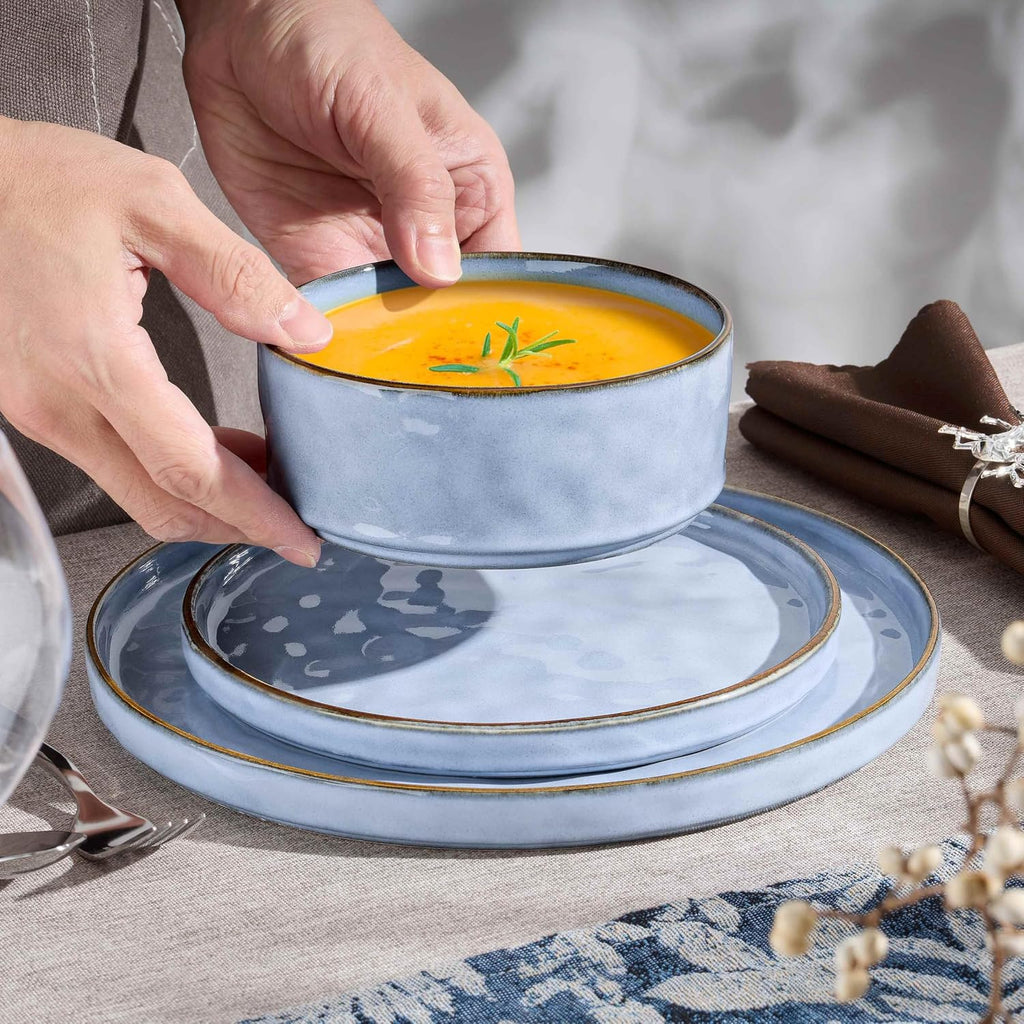 Herogo 24 Pieces Dinner Plates and Bowls Sets for 8, Stoneware Dinnerware Sets for Kitchen Dining, Reactive Glaze, Dishwasher & Microwave Safe, Haze Blue