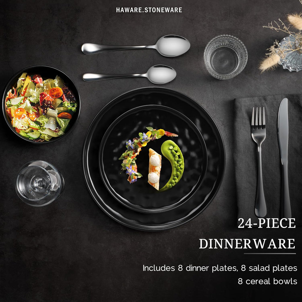 HaWare Dinnerware Sets, 24-Piece Plates and Bowls Set, Stoneware Dish Set for 8, Ceramic Dinnerware for Home Restaurant, Chip and Scratch Resistant, Microwave and Dishwasher Safe, Matte Black