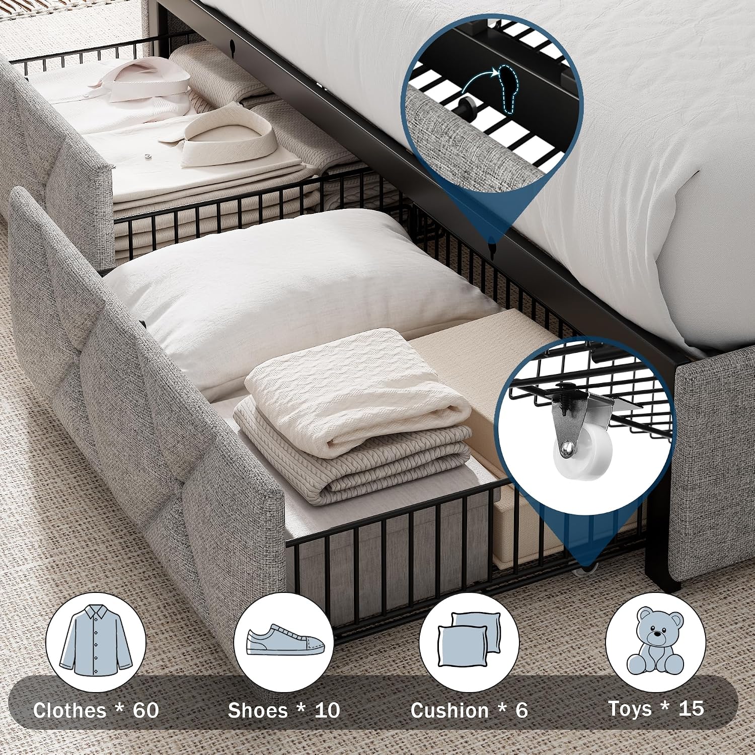 GalnFu King Size Bed Frame with 4 Storage Drawers, Upholstered Platform Bed with Charging Station, Modern Wingback Storage Headboard, Easy Assembly,Noise-Free, Light Gray