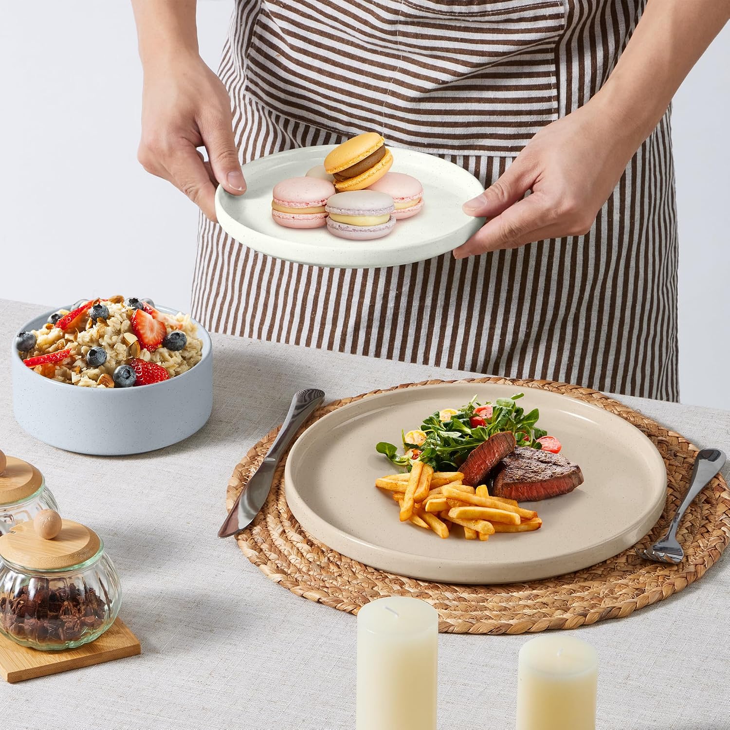 E-far Dinnerware Sets with Pasta Bowls, 24-Piece Stoneware Plates and Bowls Sets for 6 | Microwave & Dishwasher Safe Kitchen Modern Dish Set, Speckled Multicolor
