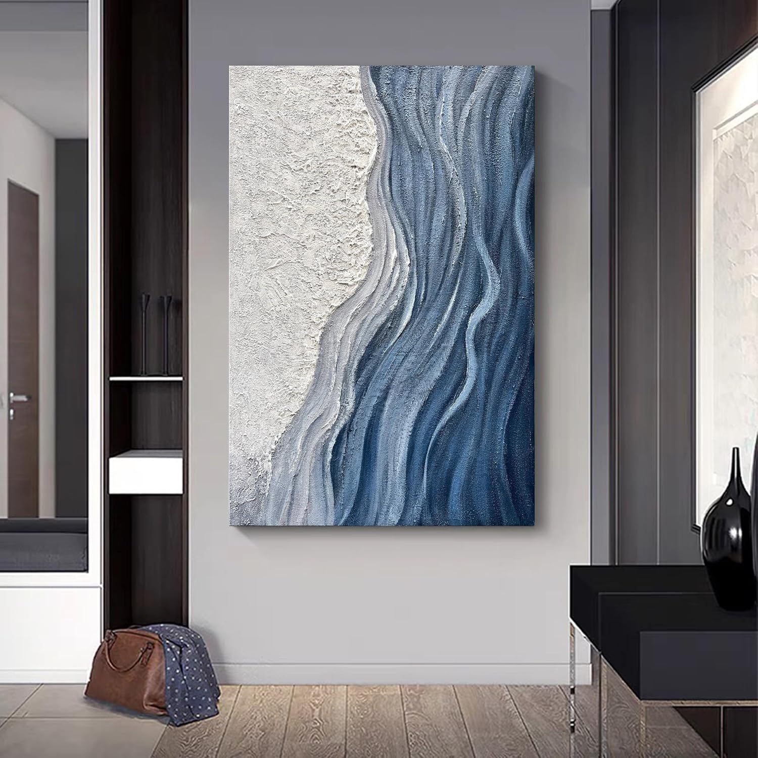 Art Hand-Painted Blue and White Texture Abstract Art Oil Painting Modern Art Oil on Canvas Large Wall Art Deco 45x30 inches