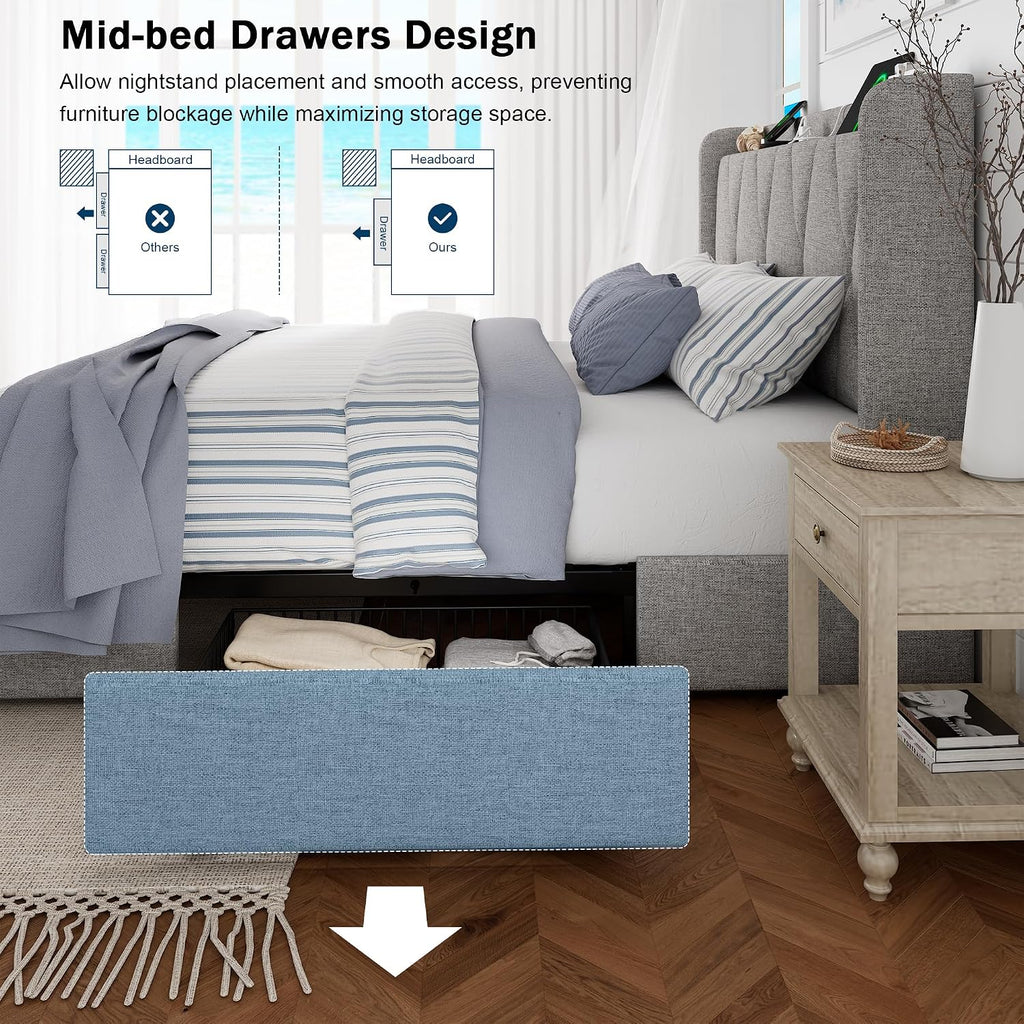 GalnFu King Size Bed Frame with 4 Storage Drawers, Upholstered Platform Bed with Charging Station, Modern Wingback Storage Headboard, Easy Assembly,Noise-Free, Light Gray