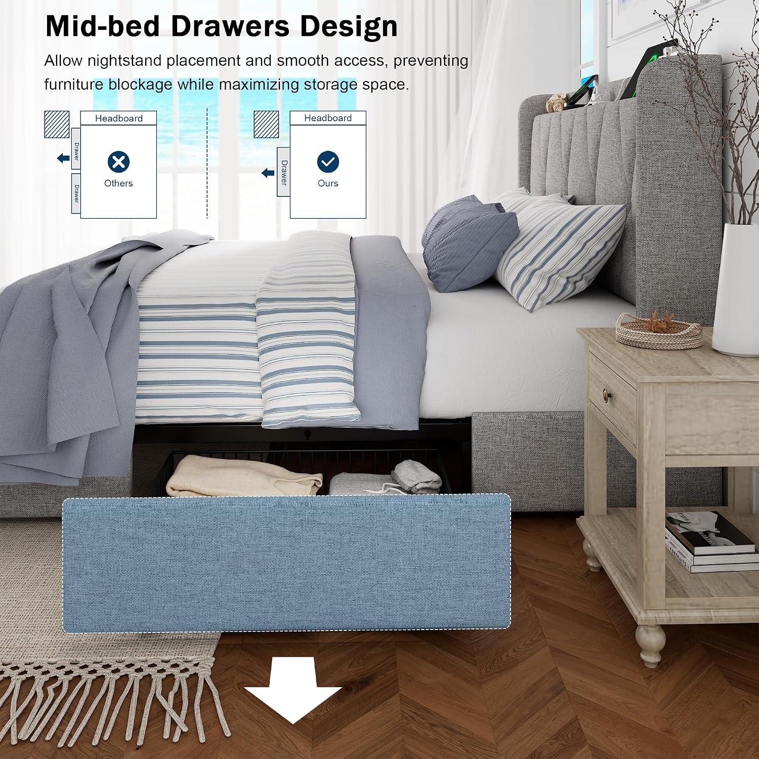 GalnFu King Size Bed Frame with 4 Storage Drawers, Upholstered Platform Bed with Charging Station, Modern Wingback Storage Headboard, Easy Assembly,Noise-Free, Light Gray