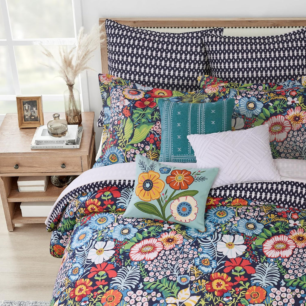 Levtex Home - Night Garden Duvet Set - Full/Queen Duvet Cover (90x94in.) and 2 Standard Shams (20x26in.) - Floral Design - Reversible Geometric Back - Cotton Front and Back - Button Closure
