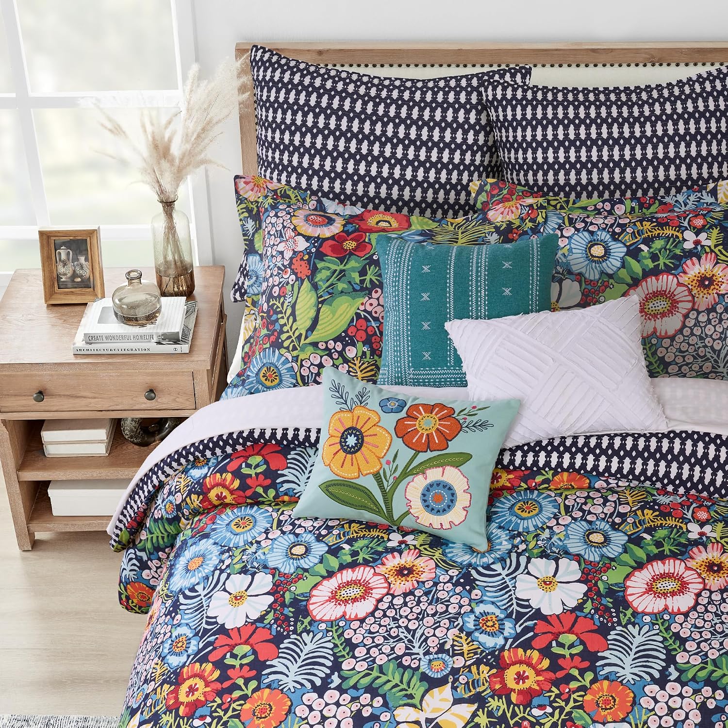 Levtex Home - Night Garden Duvet Set - Full/Queen Duvet Cover (90x94in.) and 2 Standard Shams (20x26in.) - Floral Design - Reversible Geometric Back - Cotton Front and Back - Button Closure