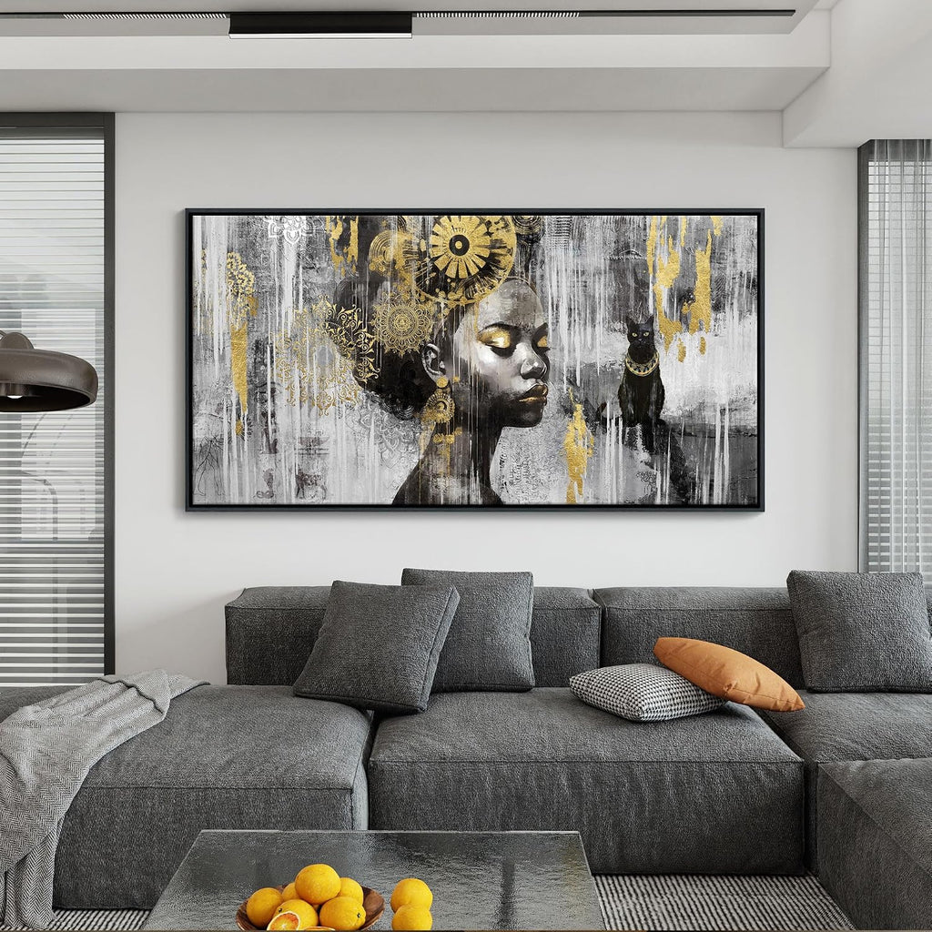 KLAKLA Black and Gold Wall Art - African American Black Girl Wall Art Colorful Black African Woman Canvas Picture Framed Wall Decor for Living Room Bedroom Home Decoration