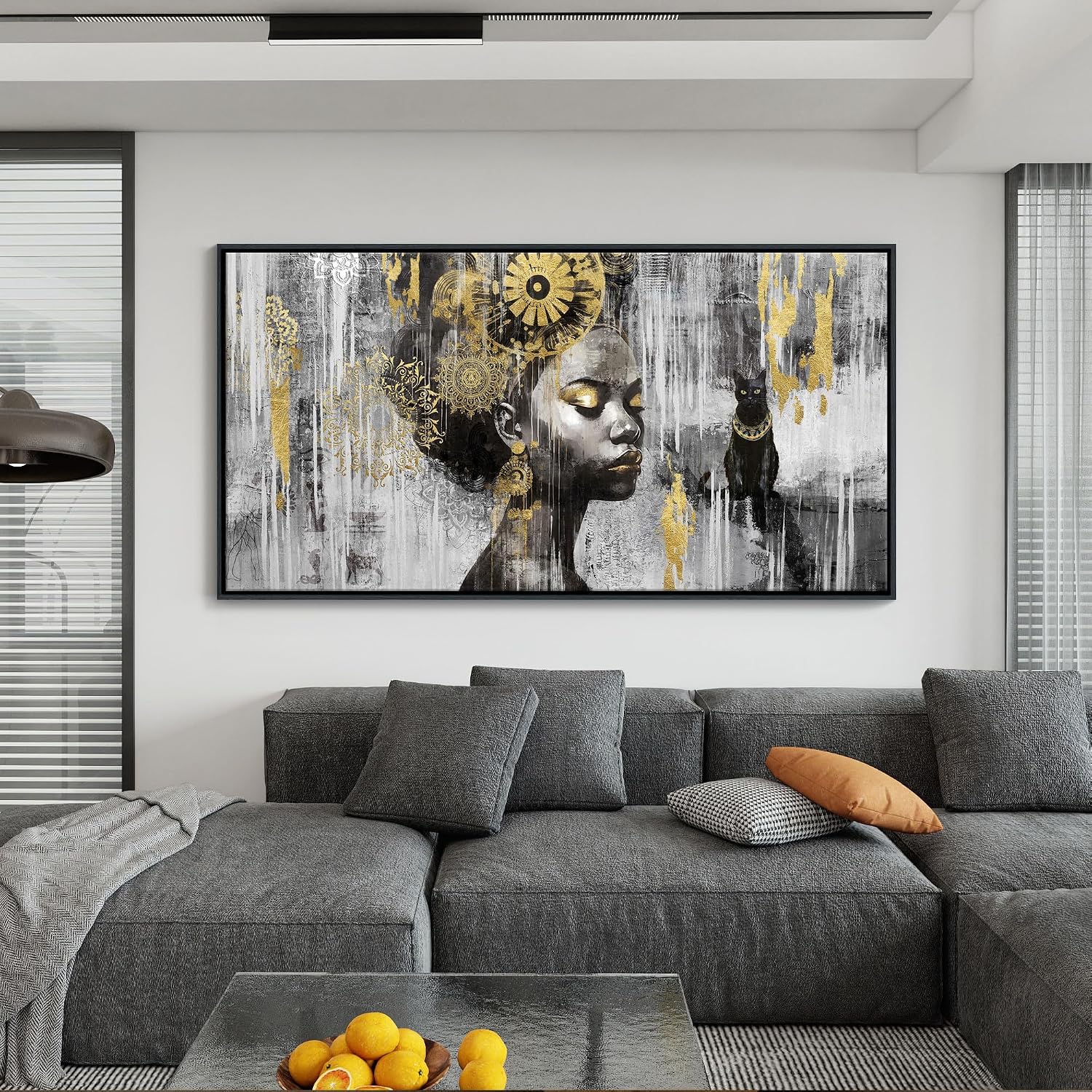 KLAKLA Black and Gold Wall Art - African American Black Girl Wall Art Colorful Black African Woman Canvas Picture Framed Wall Decor for Living Room Bedroom Home Decoration