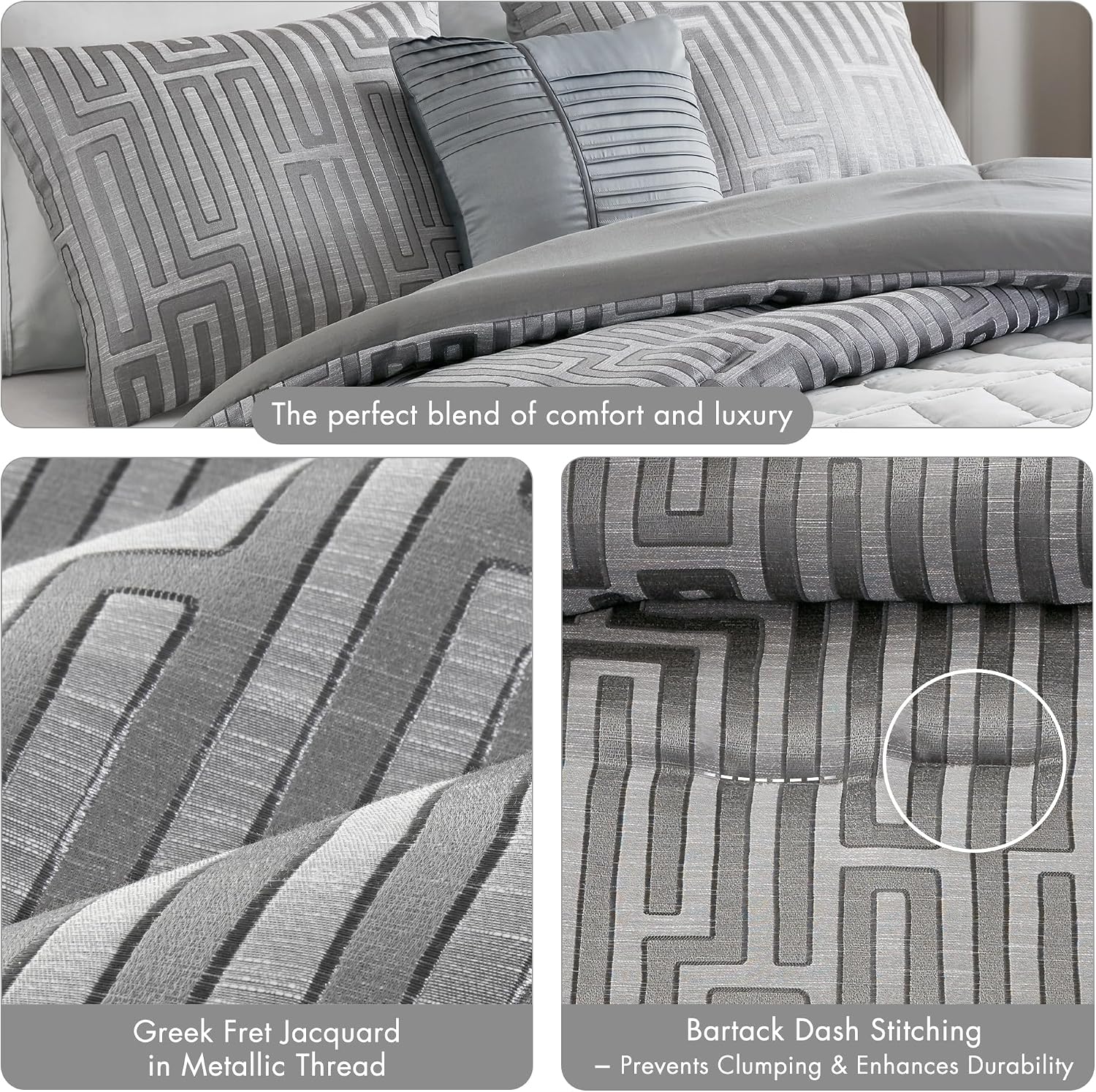 Madison Park Queen Comforter Set Jacquard Metallic Thread Comforters Queen Size Bed, All Season Comforter & Quilt Bedding Set Queen Size Comforter, Decor Pillows, Shams, Royce, Queen Grey 5 Piece