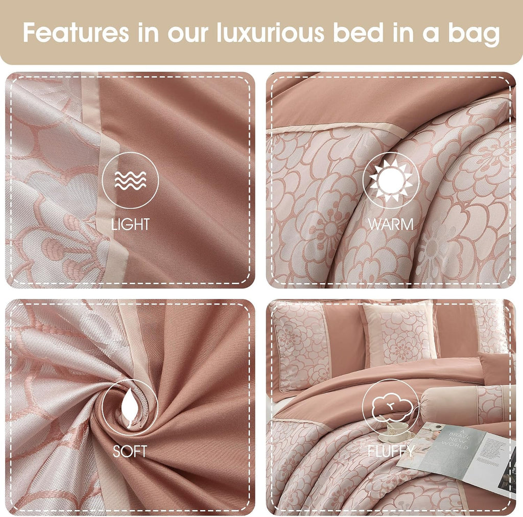 Grand Avenue Blush Comforter Set California King Size, 7 Piece Jacquard Soft Bedding Set, All Season, Bedskirt, Pillows & Shams