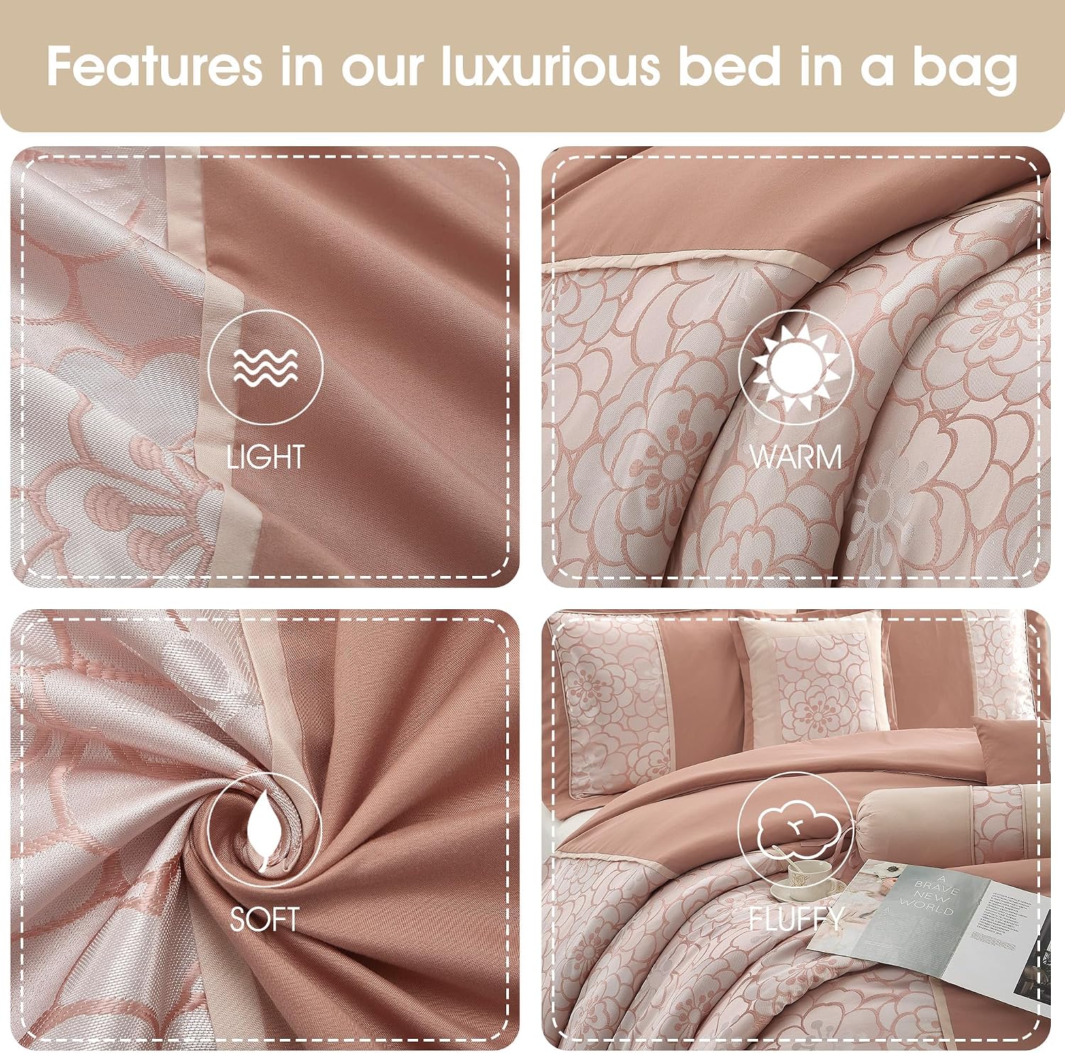 Grand Avenue Blush Comforter Set California King Size, 7 Piece Jacquard Soft Bedding Set, All Season, Bedskirt, Pillows & Shams