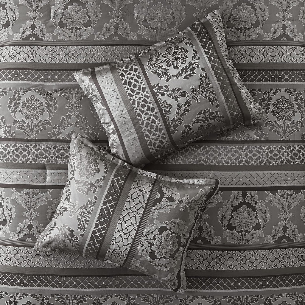 Madison Park Bellagio Cozy Comforter Set - Luxurious Jaquard Traditional Damask Design, All Season Down Alternative Bedding with Matching Shams, Decorative Pillow, Cal King(104'x92'), Grey 7 Piece