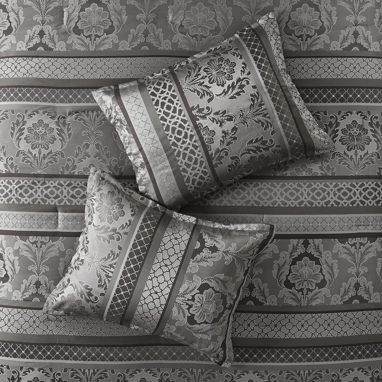 Madison Park Bellagio Cozy Comforter Set - Luxurious Jaquard Traditional Damask Design, All Season Down Alternative Bedding with Matching Shams, Decorative Pillow, Cal King(104'x92'), Grey 7 Piece
