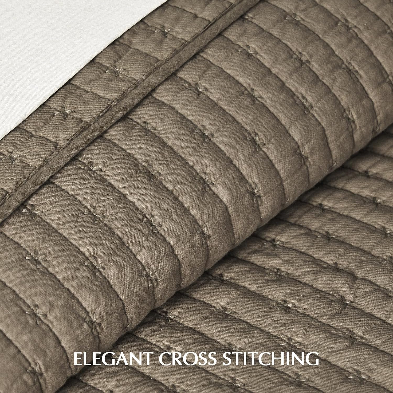 EVERGRACE Cross Stitch Pre-Washed Cotton Quilt Bedding Set Queen Size, Oversized 3 Pieces Lightweight Bedspread Coverlet for All Season, with 2 Matching Shams, Mocha Brown, 92'x96'