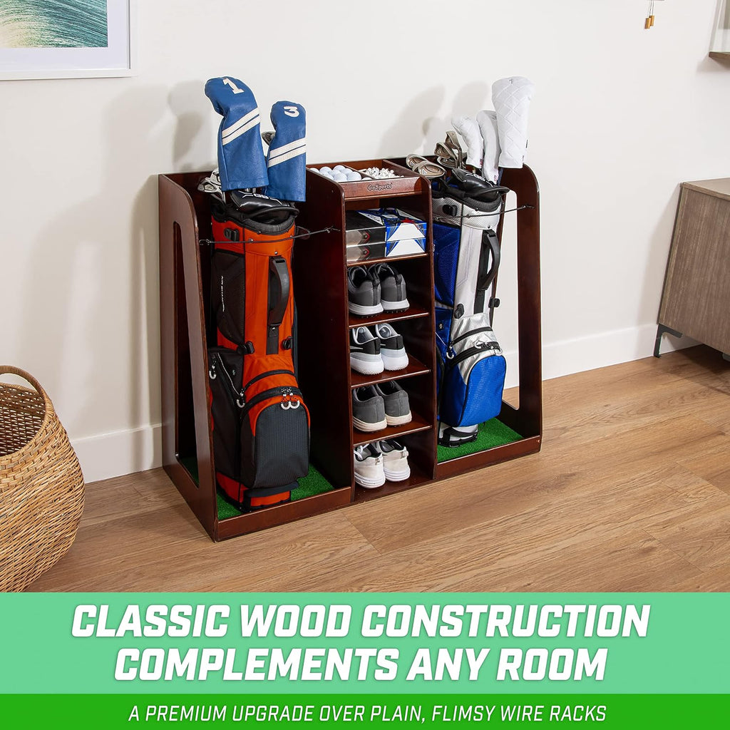 GoSports Premium Wooden Golf Bag Organizer and Storage Rack - Black, White or Brown Finish - Holds 2 Golf Bags