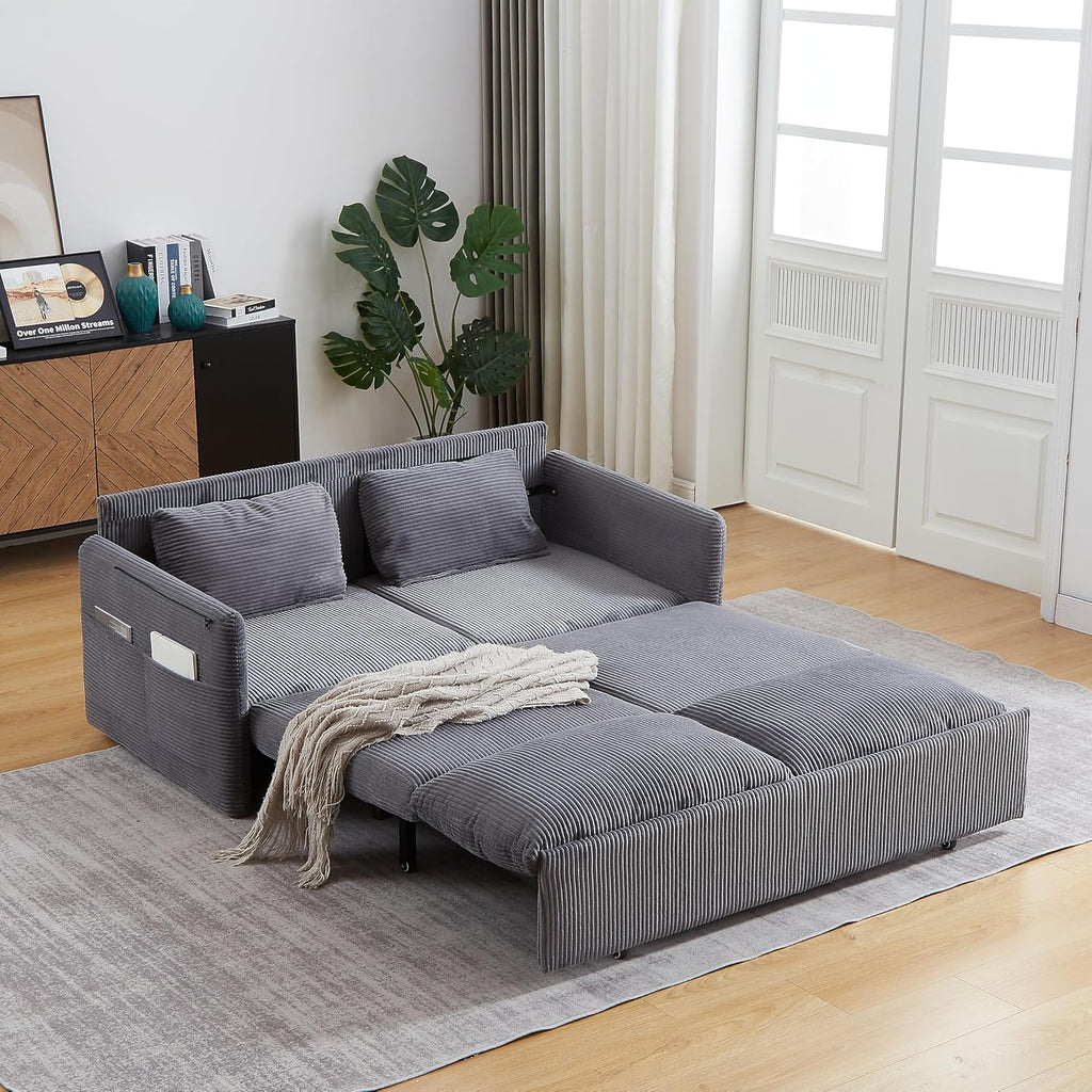 WILLIAMSPACE 64.5' Pull Out Sofa Bed, 3-in-1 Adjustable Sleeper Sofa Couch with Side Storage, Convertible Loveseat Sofa Bed Pull Out Couch for Living Room, Apartment, Corduroy, Gray