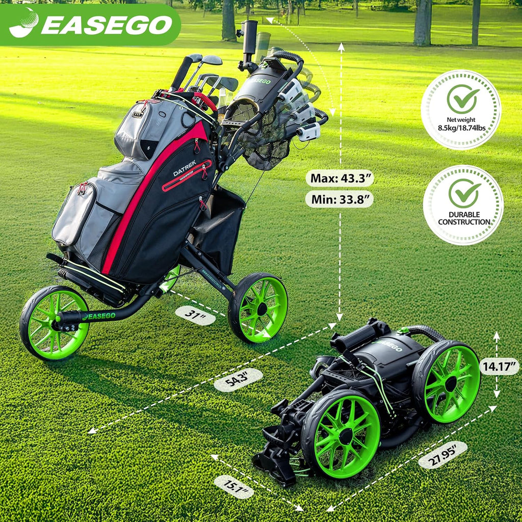 EASEGO Golf Push Cart 3 Wheel : Golf Bag Cart Foldable with Phone Holder/Cup/Umbrella Holder Compact Golf Pull Carts Quick Fold Golf Caddy Push Carts with Large Wheelbase for Different Terrain