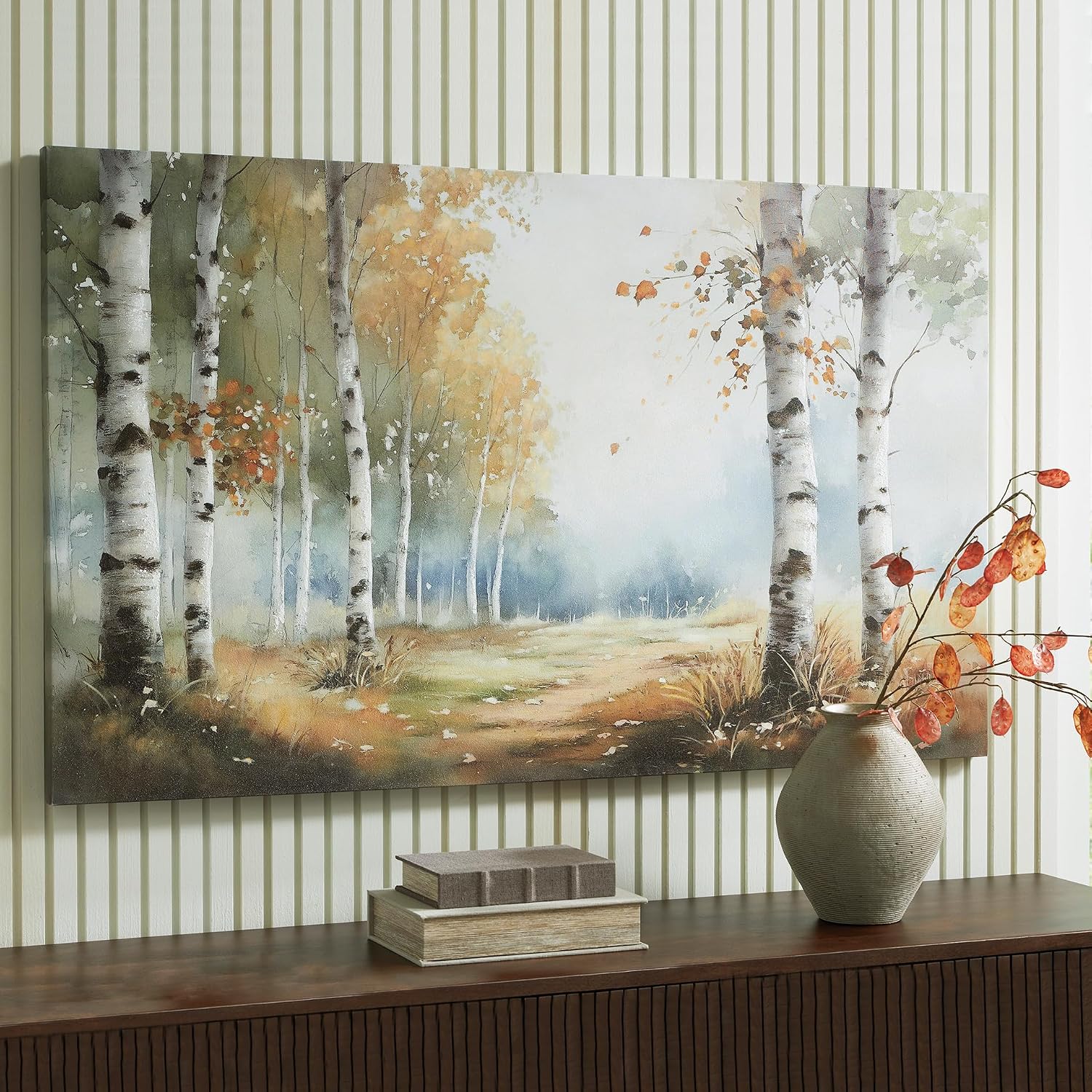 Signature Design by Ashley Leithan Classic Hand Painted Landscapse Wall Art 60 x 36 Inches, Light Brown & White