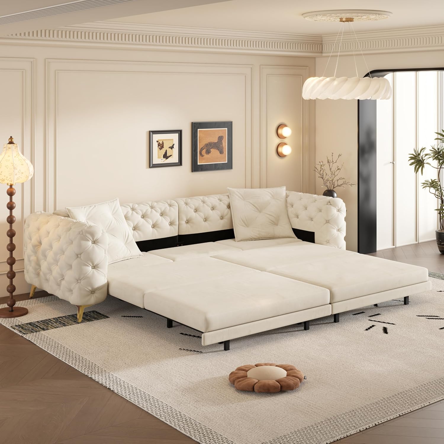 WILLIAMSPACE 97.7' 3-in-1 Convertible Sleeper Sofa Bed, Modern Button Tufted 28.4' Deep Seat Pull Out Couch Bed with Movable Ottoman, Multi-Functional 4-Seater Couch for Living Room, Velvet - Beige