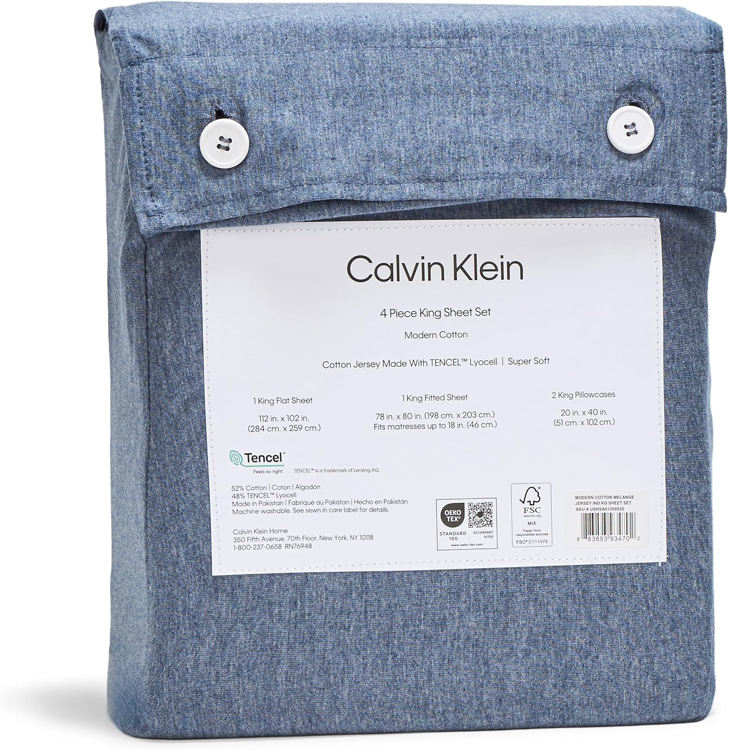 Calvin Klein - King Size Sheets Set, Naturally Soft Cotton-Blend Melange Jersey Bedding - Bed Sheets with Matching Pillowcases & Fitted Sheet (Modern Cotton Dark Blue)