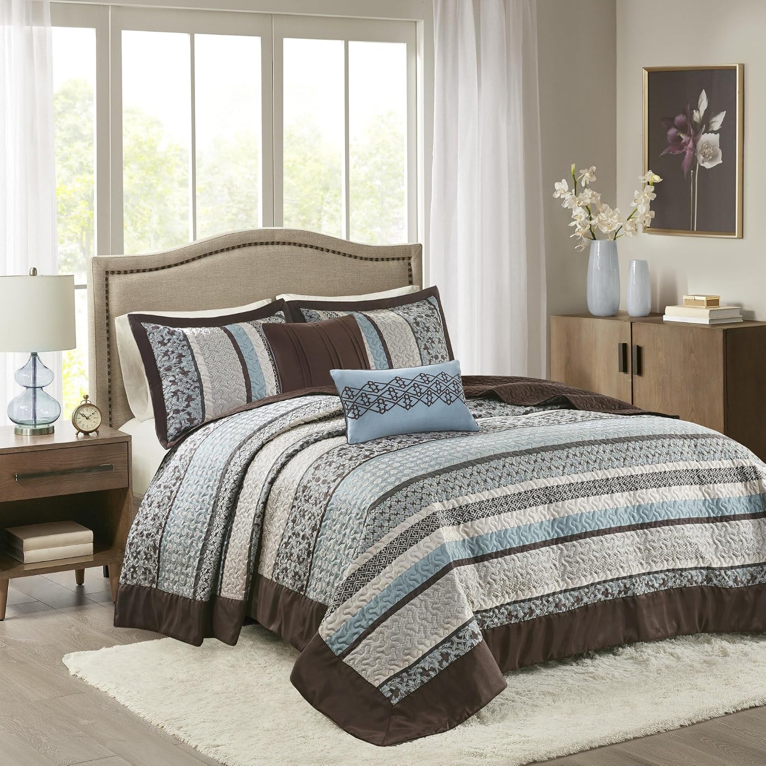 Madison Park Princeton Reversible Quilted Bedspread Set, Solid Reverse Summer Breathable, Lightweight All Season Bedding Layer, Matching Shams, Bedspread Queen(102'x118'), Blue 5 Piece