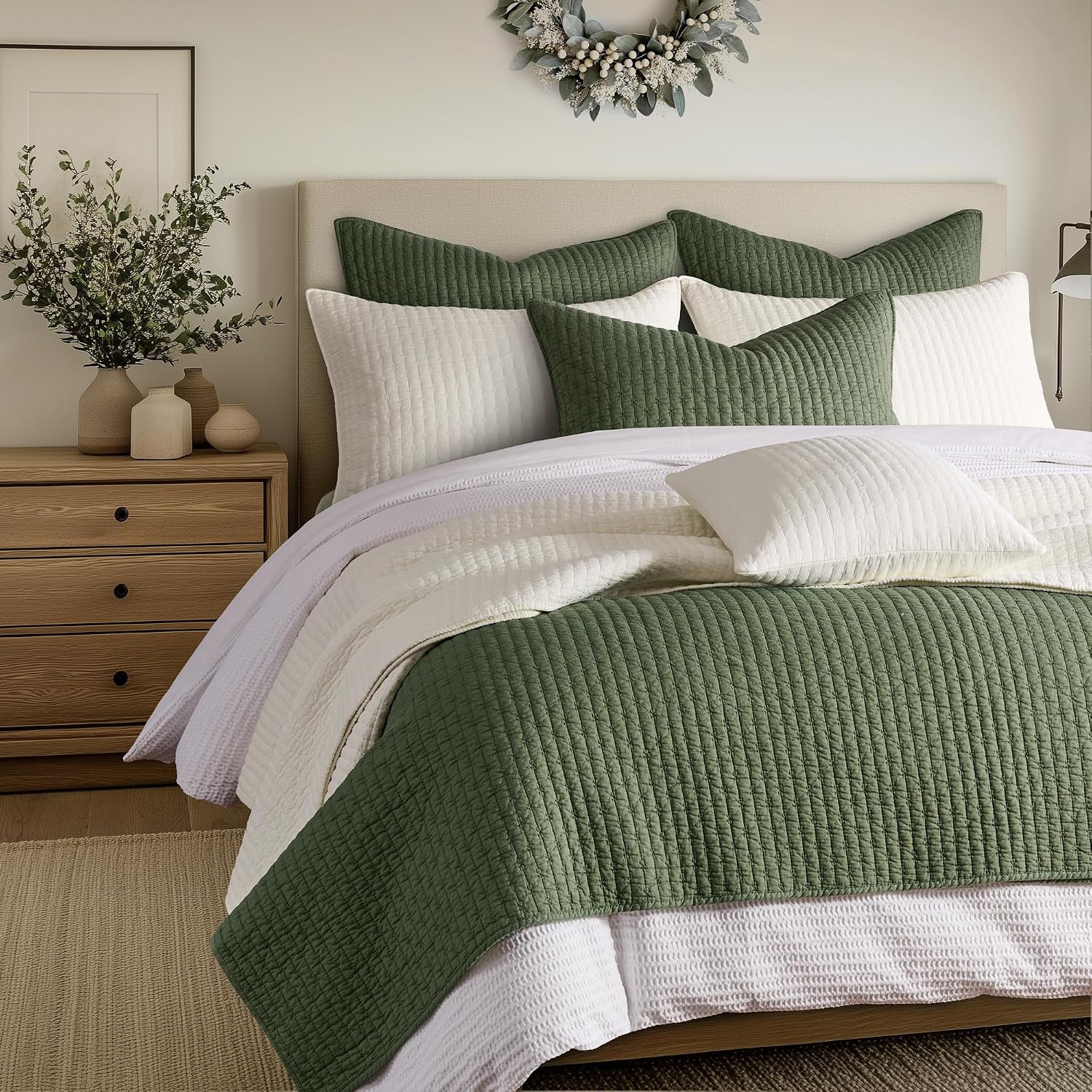 Levtex Home Cross Stitch Reversible Full/Queen Quilt Set (88x92in) and 2 Pillow Shams (26x20in) - Stitch Texture - Forest Green - Cotton Full/Queen Size Quilt Bedding Set - Lightweight Soft Pre-Washed