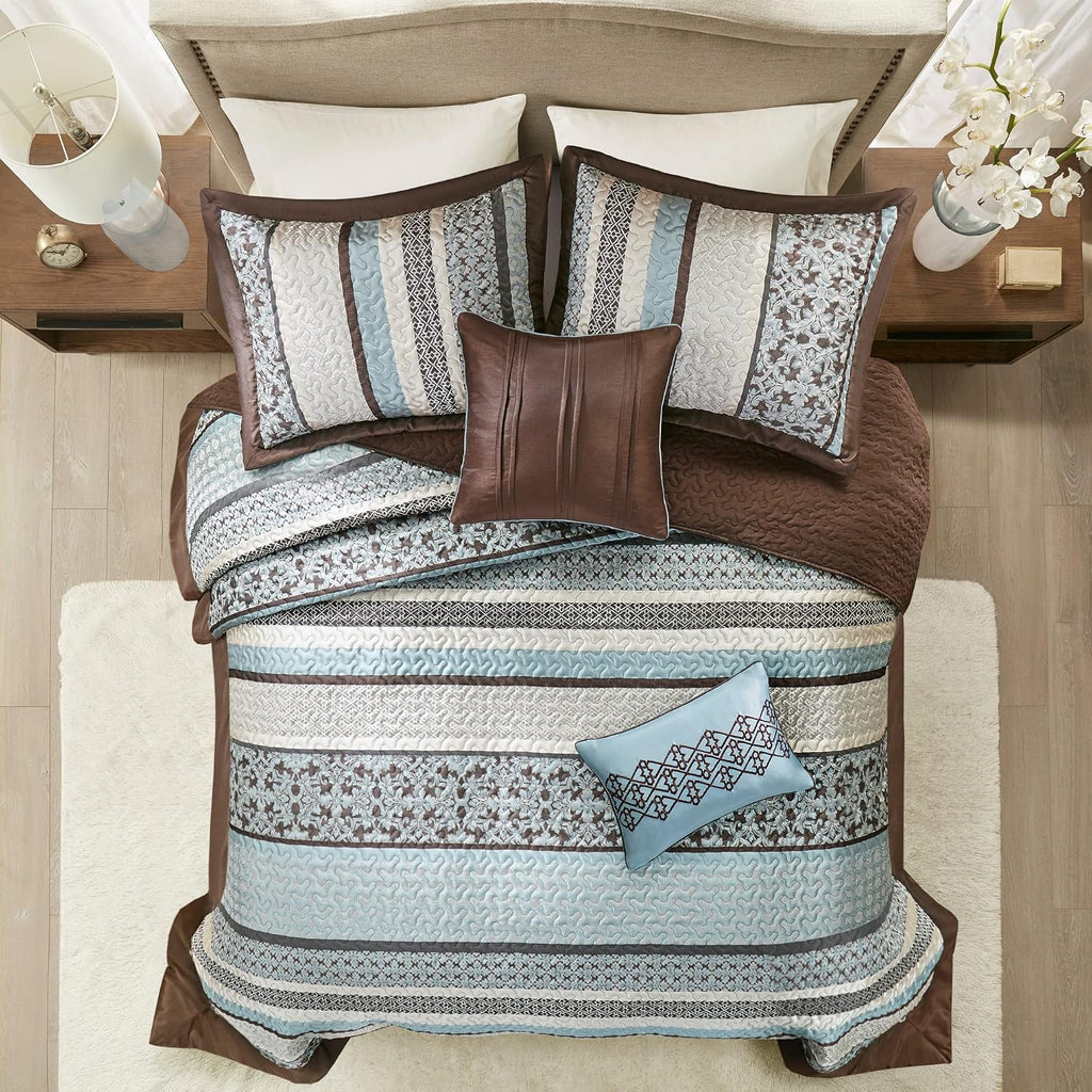 Madison Park Princeton Reversible Quilted Bedspread Set, Solid Reverse Summer Breathable, Lightweight All Season Bedding Layer, Matching Shams, Bedspread Queen(102'x118'), Blue 5 Piece