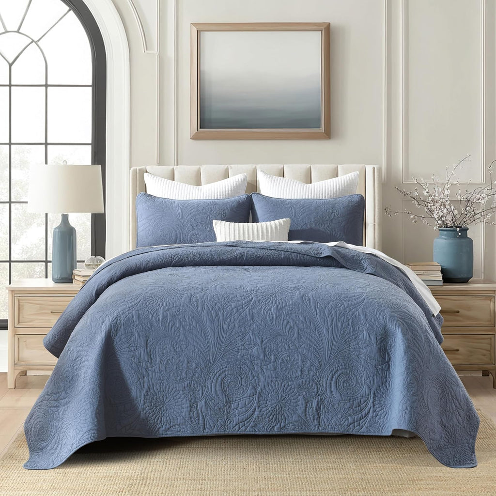 Cotton California King Size Comforter Set，Retro Blue Bedding，Paisley Bedspreads，Soft Cotton Quilt Solid Color (118'*106') with 2 Pillow Shams，Lightweight Bedspread All Seasons 3 Piece