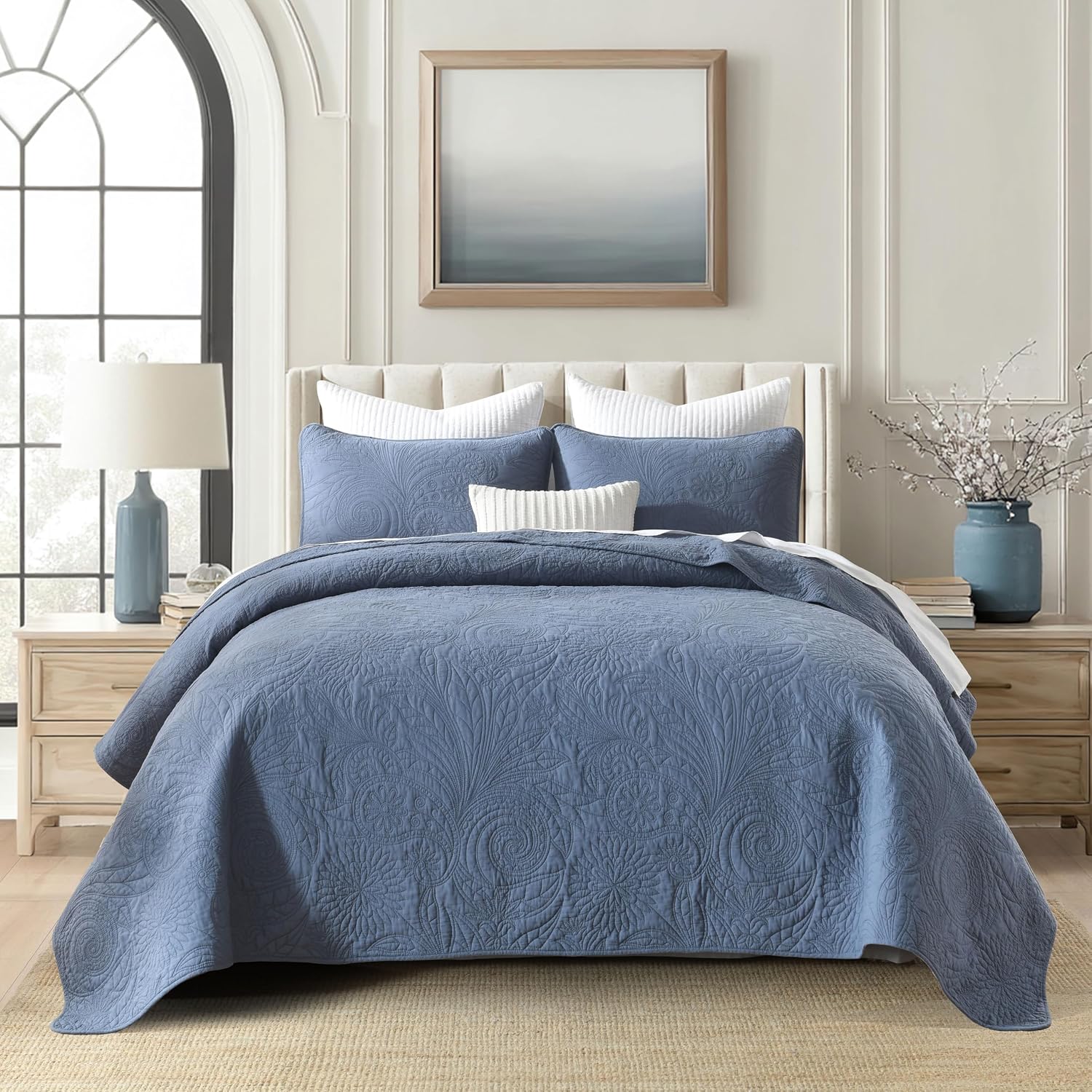 Cotton California King Size Comforter Set，Retro Blue Bedding，Paisley Bedspreads，Soft Cotton Quilt Solid Color (118'*106') with 2 Pillow Shams，Lightweight Bedspread All Seasons 3 Piece